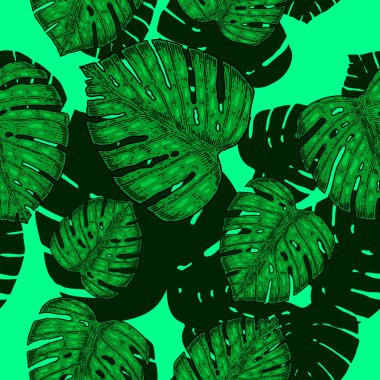 Tropikal yapraklarla kusursuz desen. Poster, kart, pankart, işaret, amblem için tasarım ögesi. Vektör illüstrasyonu