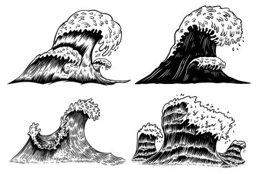 İşleme tarzında bir dizi deniz dalgası. Amblem, işaret, poster, kart, afiş, el ilanı için tasarım ögesi. Vektör illüstrasyonu