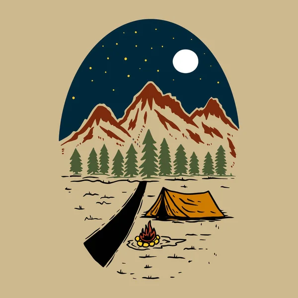 Vintage Illustration Mountain Landscape Tourist Tent Design Element Poster Card — Stock Vector
