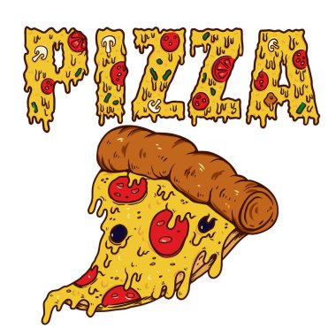Pizza dilimlerinden yapılmış kelime pizzası. Poster, kart, afiş, imza, broşür tasarımı. Vektör illüstrasyonu