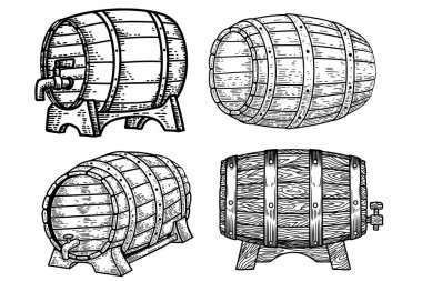 İşleme tarzında ahşap fıçıların çizimleri. Poster, kart, pankart, imza için tasarım elemanı. Vektör illüstrasyonu