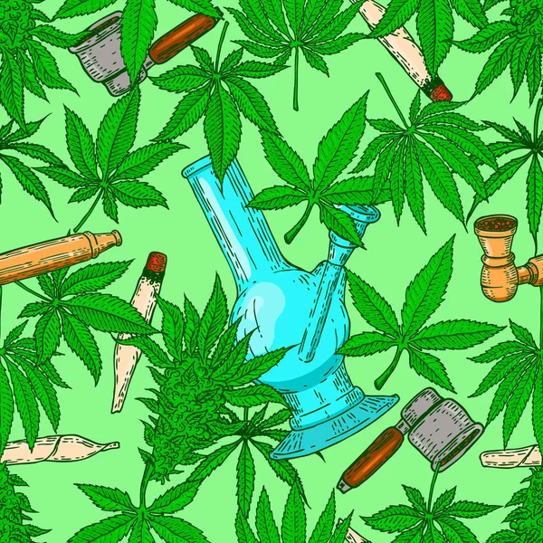 Seamless Pattern Marijuana Leaves Bong Smoking Pipe Design Element Poster — Stock Vector