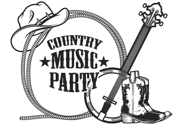 Fête Musique Country Cadre Corde Avec Bottes Cow Boy Chapeau — Image vectorielle