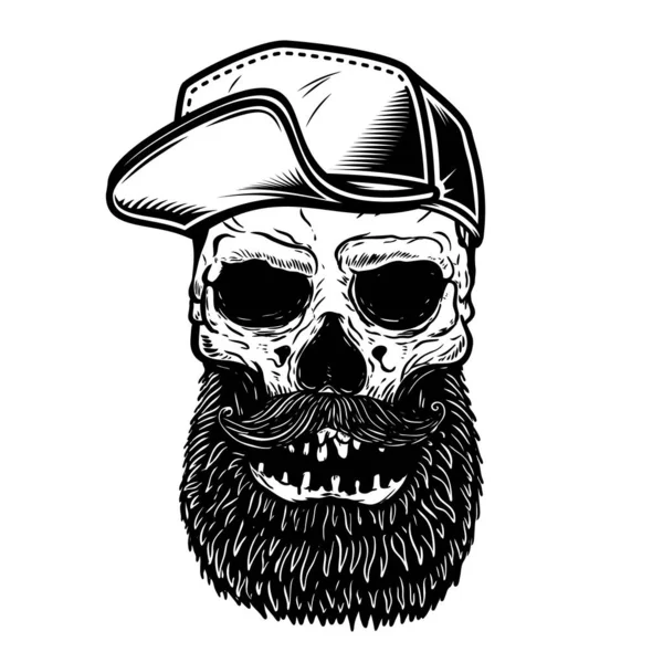 Beyzbol Şapkalı Sakallı Kafatası Tasviri Logo Etiket Işaret Poster Için — Stok Vektör