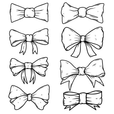 Kabartma tarzında yay düğümü çizimleri. Poster, kart, pankart, imza için tasarım elemanı. Vektör illüstrasyonu