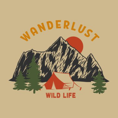Seyahat tutkusu. Turistik çadırı olan dağ manzarasının klasik çizimi. Poster, kart, pankart, amblem ve imza için tasarım öğesi. Vektör çizimi. Vektör illüstrasyonu