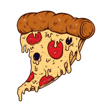 İşleme tarzında bir dilim pizzanın tasviri. Poster, kart, pankart, imza için tasarım elemanı. Vektör illüstrasyonu