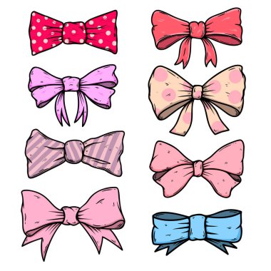 Kabartma tarzında yay düğümü çizimleri. Poster, kart, pankart, imza için tasarım elemanı. Vektör illüstrasyonu