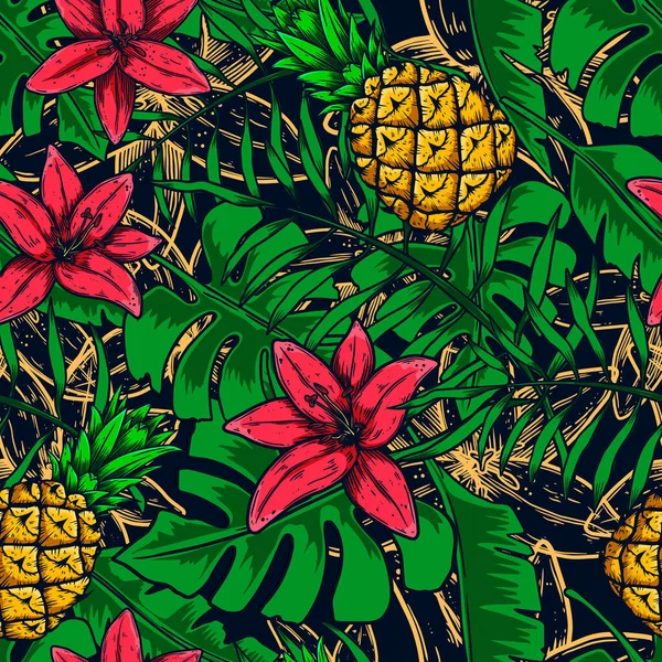 Patrón Sin Costuras Con Hojas Tropicales Frutas Flores Elemento Diseño — Archivo Imágenes Vectoriales