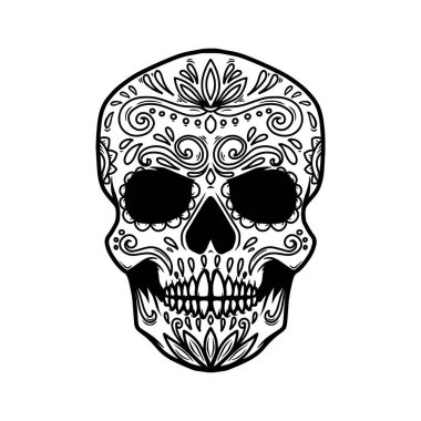 Meksika şeker kafatası tasviri. Logo, etiket, işaret, poster için tasarım elemanı. Vektör illüstrasyonu