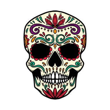 Meksika şeker kafatası tasviri. Logo, etiket, işaret, poster için tasarım elemanı. Vektör illüstrasyonu