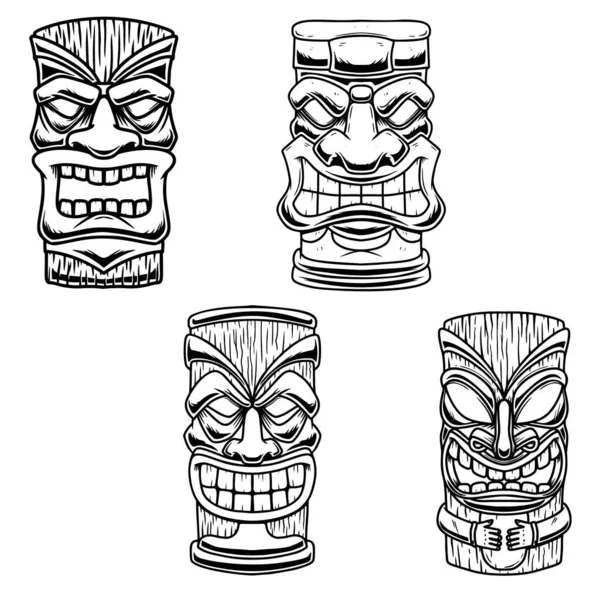 Set Illustrazioni Tiki Tribale Maschera Legno Elemento Design Logo Emblema — Vettoriale Stock