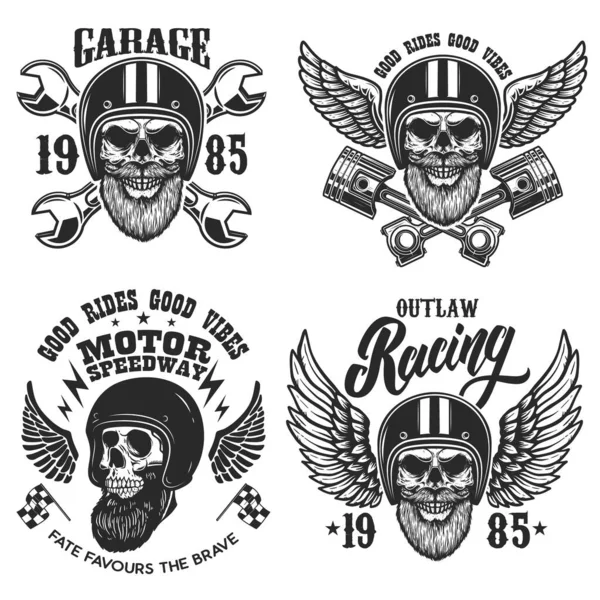 Set Emblems Bearded Skull Racer Helmet Wings Design Element Logo — Stock Vector