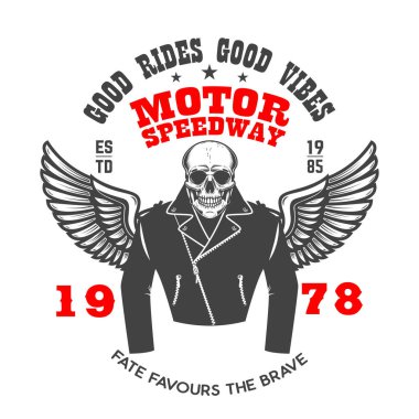 Kanatlı yarışçı iskeletiyle amblem şablonu. Logo, etiket, işaret, amblem, poster tasarımı. Vektör illüstrasyonu