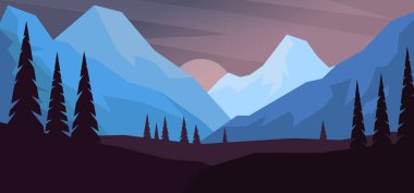 Çizgi film dağ manzarası düz stil. Poster, kart, afiş ve el ilanları için tasarım elemanı. Vektör illüstrasyonu