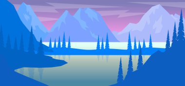 Çizgi film dağ manzarası düz stil. Poster, kart, afiş ve el ilanları için tasarım elemanı. Vektör illüstrasyonu