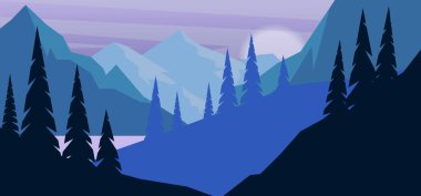 Çizgi film dağ manzarası düz stil. Poster, kart, afiş ve el ilanları için tasarım elemanı. Vektör illüstrasyonu