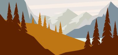 Çizgi film dağ manzarası düz stil. Poster, kart, afiş ve el ilanları için tasarım elemanı. Vektör illüstrasyonu