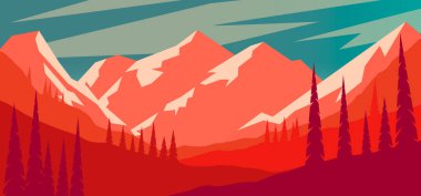 Çizgi film dağ manzarası düz stil. Poster, kart, afiş ve el ilanları için tasarım elemanı. Vektör illüstrasyonu