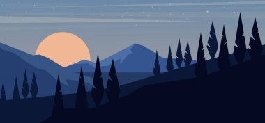 Çizgi film dağ manzarası düz stil. Poster, kart, afiş ve el ilanları için tasarım elemanı. Vektör illüstrasyonu