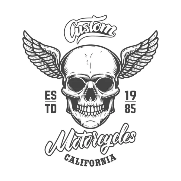Custom Motorcycles Emblem Template Winged Skull Design Element Logo Label — Stock Vector