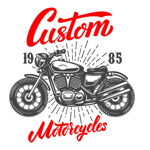Özel motorsikletler. Eski tarz motosikletle amblem kalıbı. Logo, etiket, işaret, amblem, poster tasarımı. Vektör illüstrasyonu