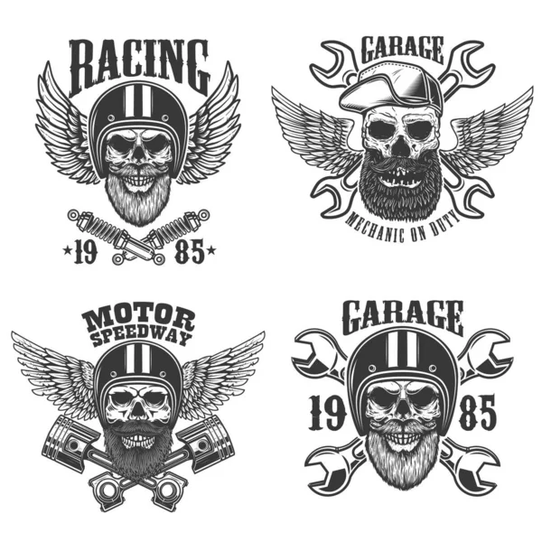 Conjunto Los Emblemas Con Cráneo Barbudo Casco Corredor Con Alas — Archivo Imágenes Vectoriales