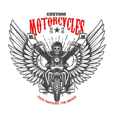 Özel motorsikletler. Kanatlı motosiklette iskeletli amblem şablonu. Logo, etiket, işaret, amblem, poster tasarımı. Vektör illüstrasyonu