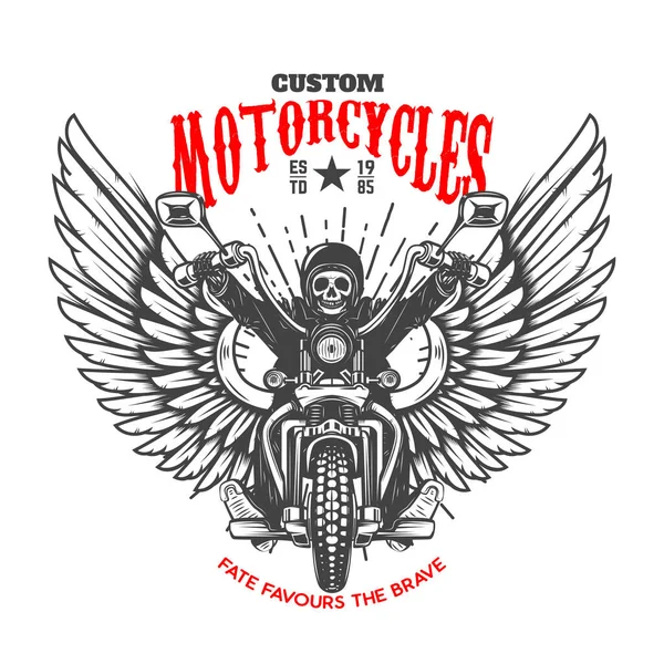 カスタムバイク 翼のあるオートバイの骨格を持つエンブレムテンプレート ラベル サイン エンブレム ポスターのデザイン要素 ベクターイラスト — ストックベクタ
