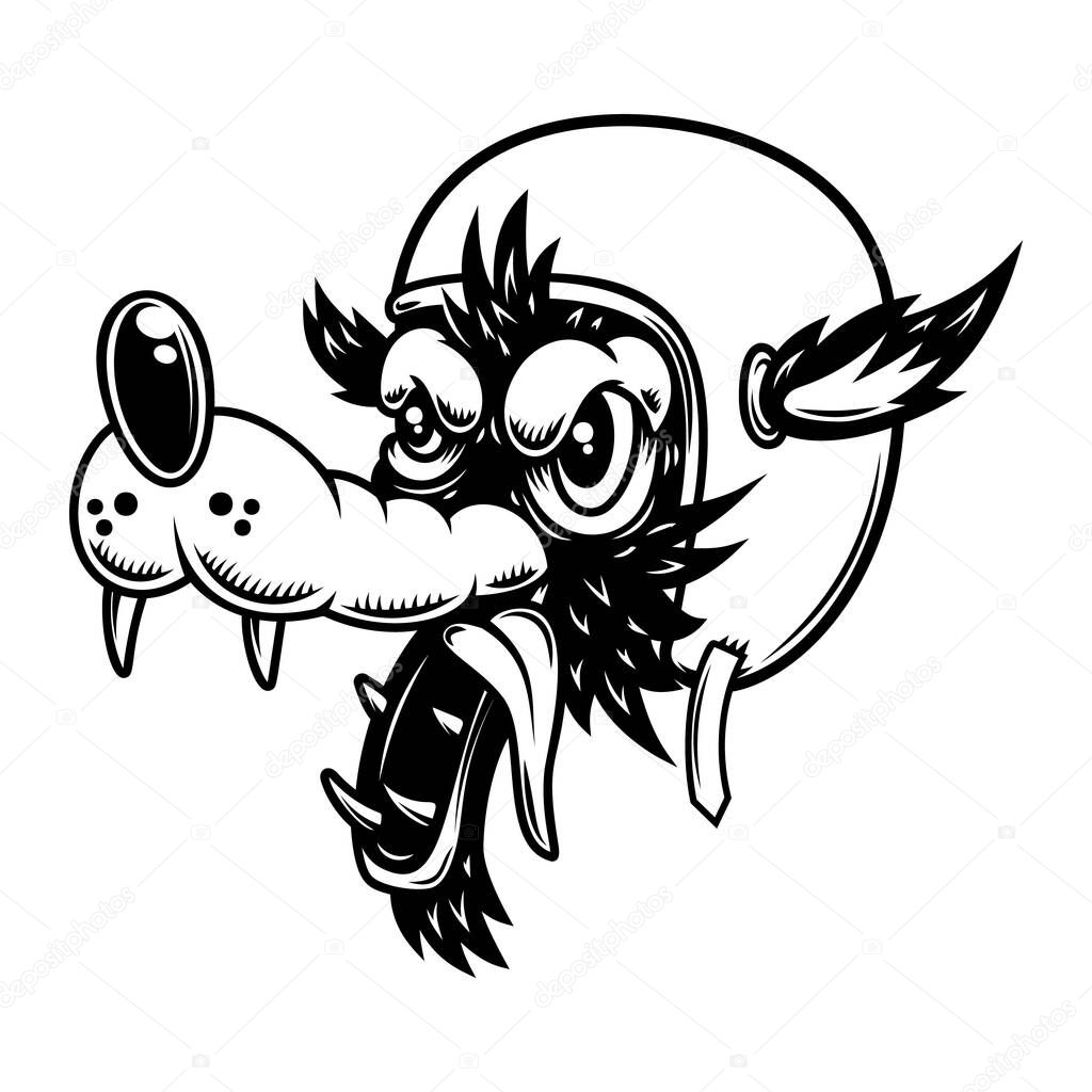 Illustration of cartoon wolf in racer helmet. Design element for poster, card, banner, sign, logo. Vector illustration
