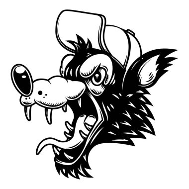 Yarışçı kaskı takmış bir kurt resmi. Poster, kart, pankart, işaret, logo için tasarım elemanı. Vektör illüstrasyonu