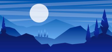 Çizgi film dağ manzarası düz stil. Poster, kart, afiş ve el ilanları için tasarım elemanı. Vektör illüstrasyonu