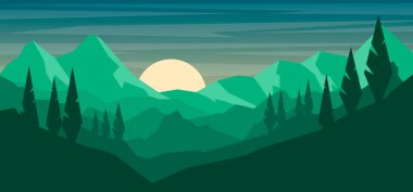 Çizgi film dağ manzarası düz stil. Poster, kart, afiş ve el ilanları için tasarım elemanı. Vektör illüstrasyonu