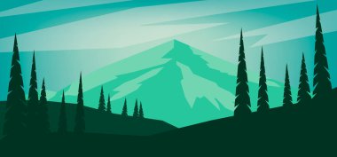 Çizgi film dağ manzarası düz stil. Poster, kart, afiş ve el ilanları için tasarım elemanı. Vektör illüstrasyonu