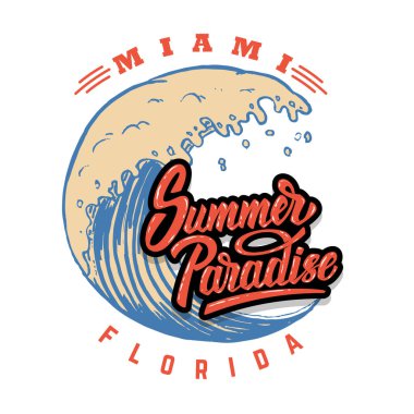 Yaz Cenneti. Dalgalar ve palmiyelerle amblem şablonu. Poster, kart, pankart, işaret, amblem için tasarım ögesi. Vektör illüstrasyonu