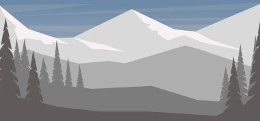 Çizgi film dağ manzarası düz stil. Poster, kart, afiş ve el ilanları için tasarım elemanı. Vektör illüstrasyonu