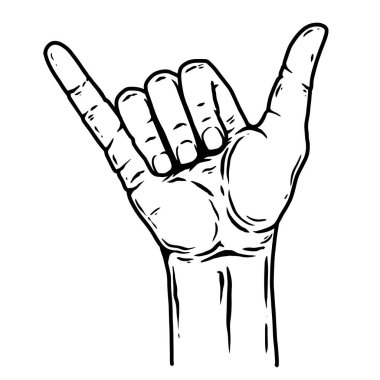 Shaka işaretli insan eli tasviri. Poster, kart, pankart, işaret, amblem için tasarım ögesi. Vektör illüstrasyonu