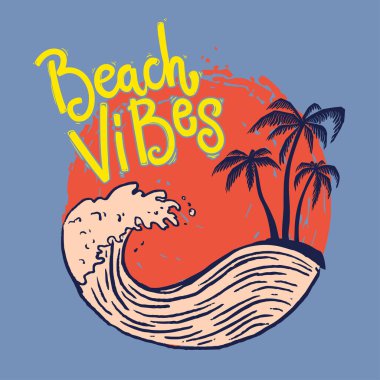 Plaj titreşimleri. Deniz dalgaları ve palmiyelerle amblem. Poster, kart, pankart, işaret, amblem için tasarım ögesi. Vektör illüstrasyonu