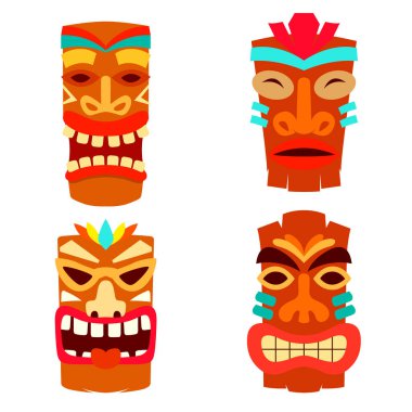 Düz stil olarak tiki idol seti. Logo, etiket, işaret, poster için tasarım elemanı. Vektör illüstrasyonu