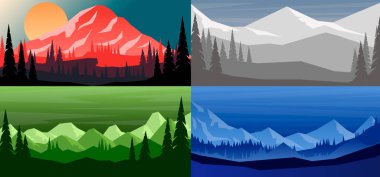 Çizgi film setinin dağ manzarası düz stil. Köknar ağaçlarıyla kaplı dağ manzarası. Poster, kart, afiş ve el ilanları için tasarım elemanı. Vektör illüstrasyonu
