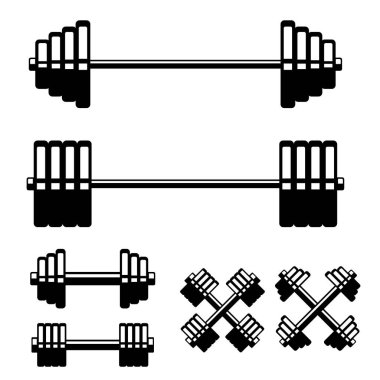 Halter ve halterler beyaz arka planda izole edilmiş. Logo, etiket, işaret, amblem, poster tasarımı. Vektör illüstrasyonu