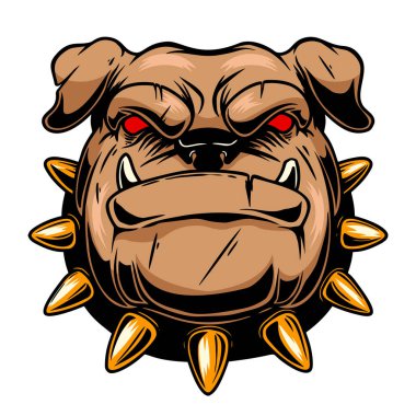 Kızgın Bulldog kafası tasviri. Logo, etiket, işaret, amblem, poster tasarımı. Vektör illüstrasyonu