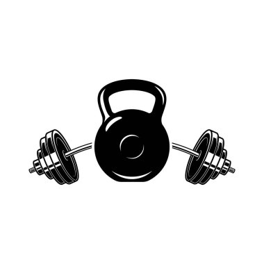 Kettlebell ve halterin resmi. Logo, etiket, işaret, amblem, poster tasarımı. Vektör illüstrasyonu