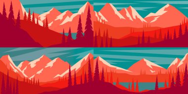 Set of cartoon mountain landscape in flat style. Mountain landscape with fir trees. Design element for poster, card, banner, flyer. Vector illustration clipart