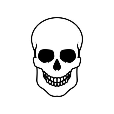 İnsan kafatası tasviri. Logo, etiket, işaret, amblem, poster tasarımı. Vektör illüstrasyonu