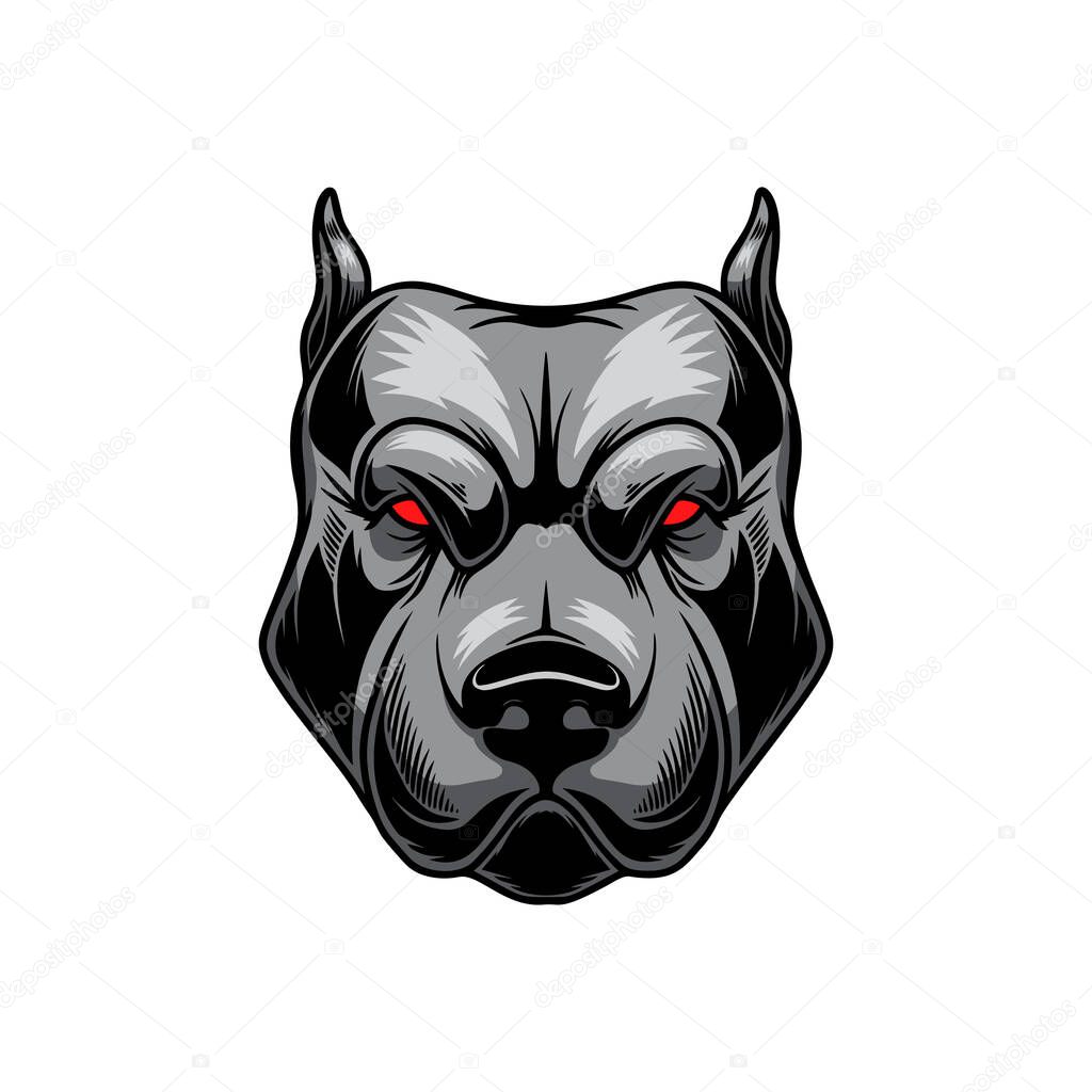 Illustration of angry pitbull head. Design element for logo, label, sign, emblem, poster. Vector illustration