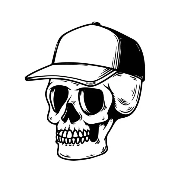 Tek Renkli Beysbol Şapkalı Kafatası Tasviri Logo Amblem Işaret Poster — Stok Vektör