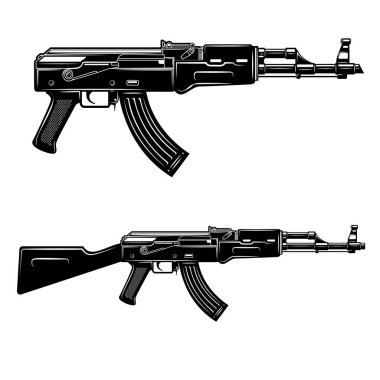 Bir dizi saldırı tüfeği çizimleri. Logo, etiket, işaret, amblem, poster tasarımı. Vektör illüstrasyonu