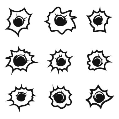 Mermi deliklerinin çizimleri. Logo, etiket, işaret, amblem, poster tasarımı. Vektör illüstrasyonu