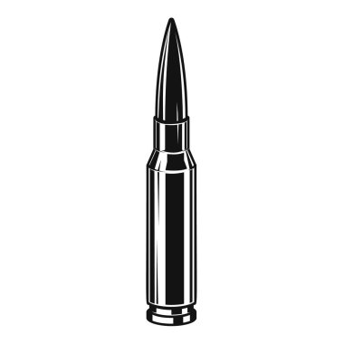 Bullet cartridge from assault rifle. Design element for poster, card, banner, sign, logo, label, emblem. Vector illustration clipart